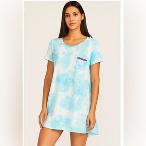 Pitusa T-Shirt Dress Cover Up PJ’S Blue Tie-Dye Inca Trim Pocket Size Petite S/M